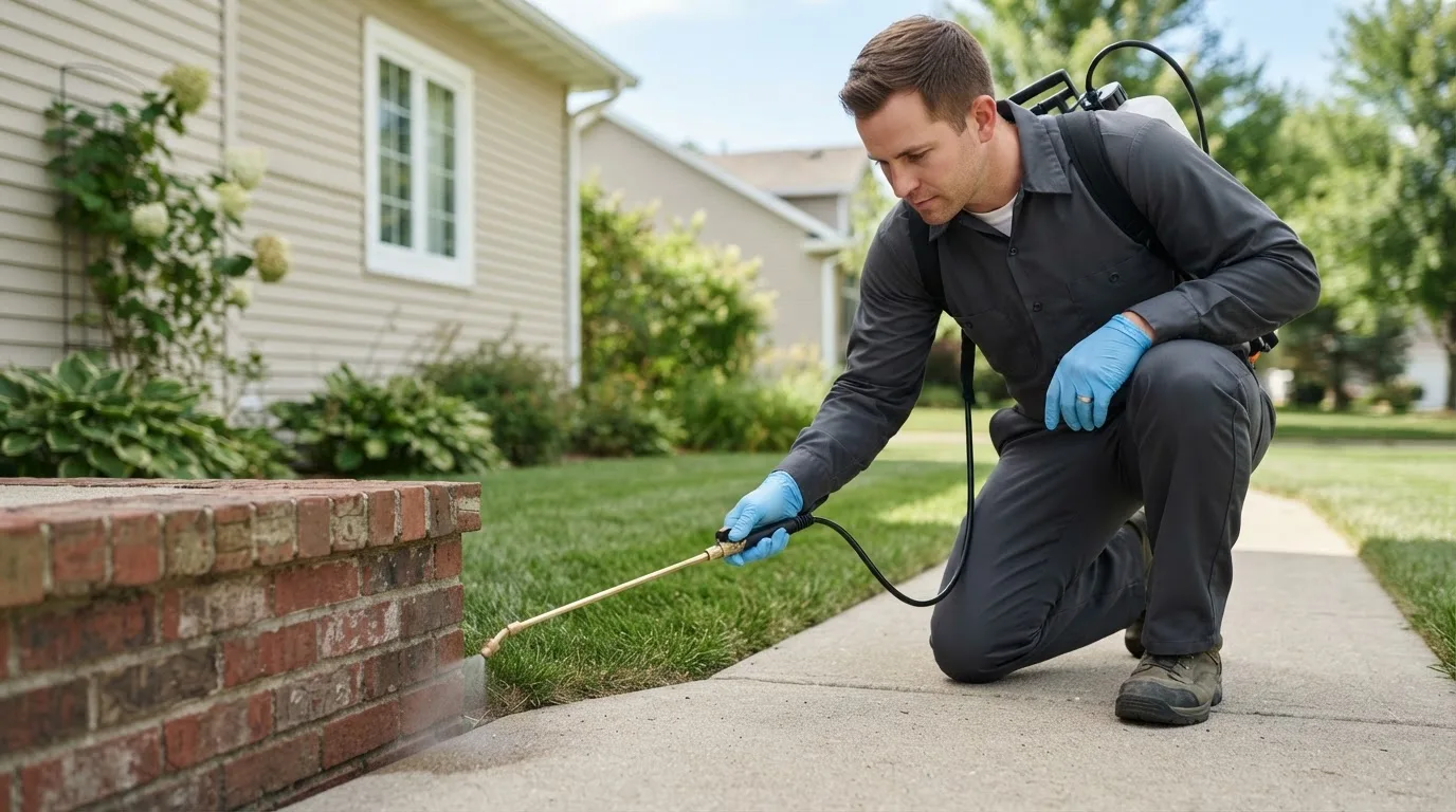 Pest control technician treating a home near Sheldon, WI