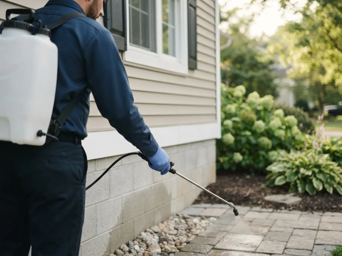 Pest control technician inspecting a home in Sheldon, WI